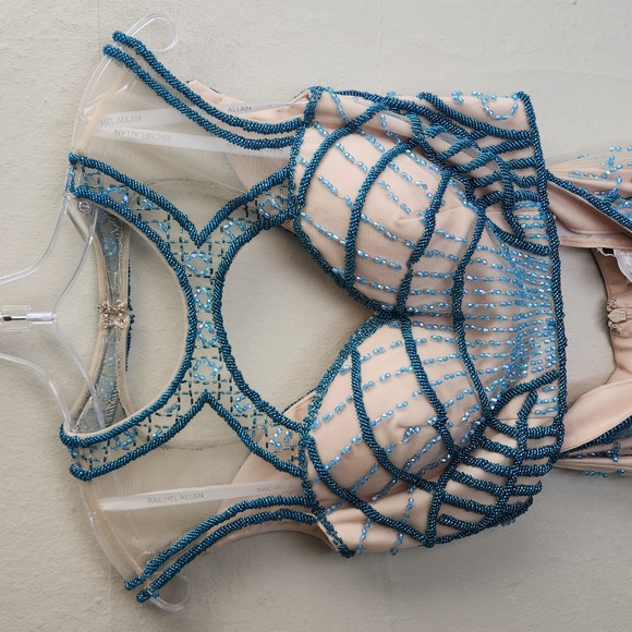 Size 6 turquoise and nude two piece home coming dress cocktail by Rachel Allan - Picture 4 of 15